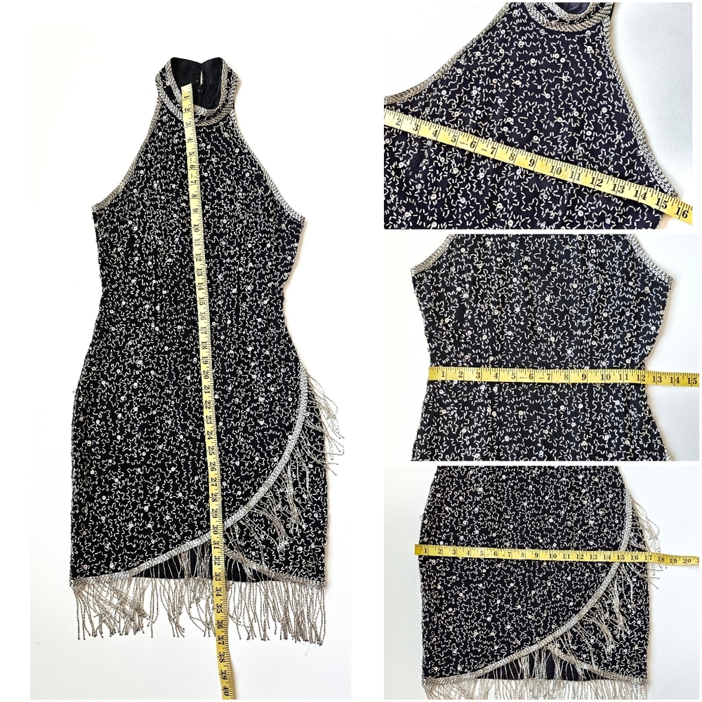 A.J. Bari Petites Silk Hand Beaded Fringe Cocktail Dress Black Silver Gatsby 20s - Picture 14 of 15